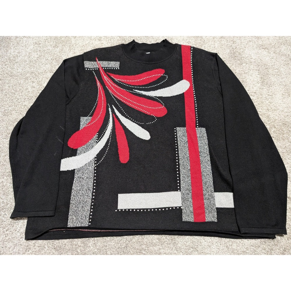 Alfred Dunner Woman 2X Black Abstract Art Mock Neck Long Sleeve‎ Knit Sweater